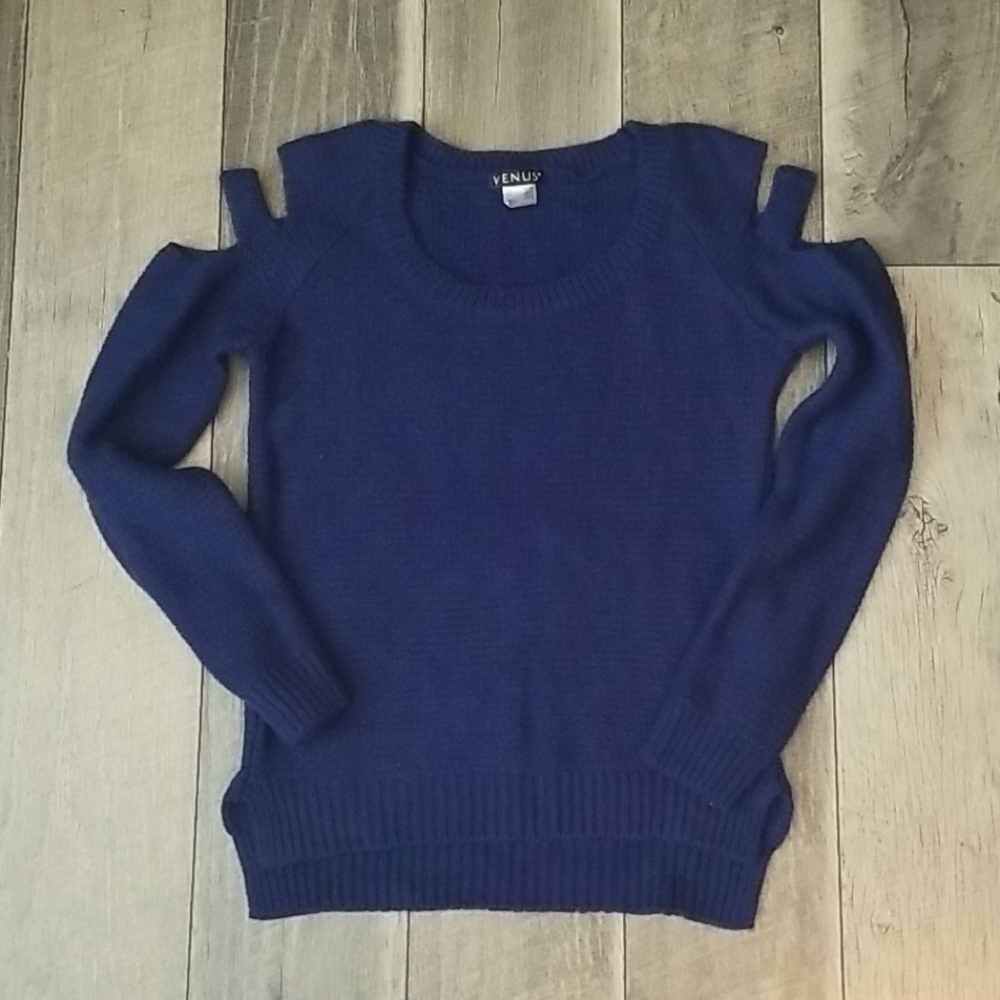 Blue sweater with shoulder cut outs